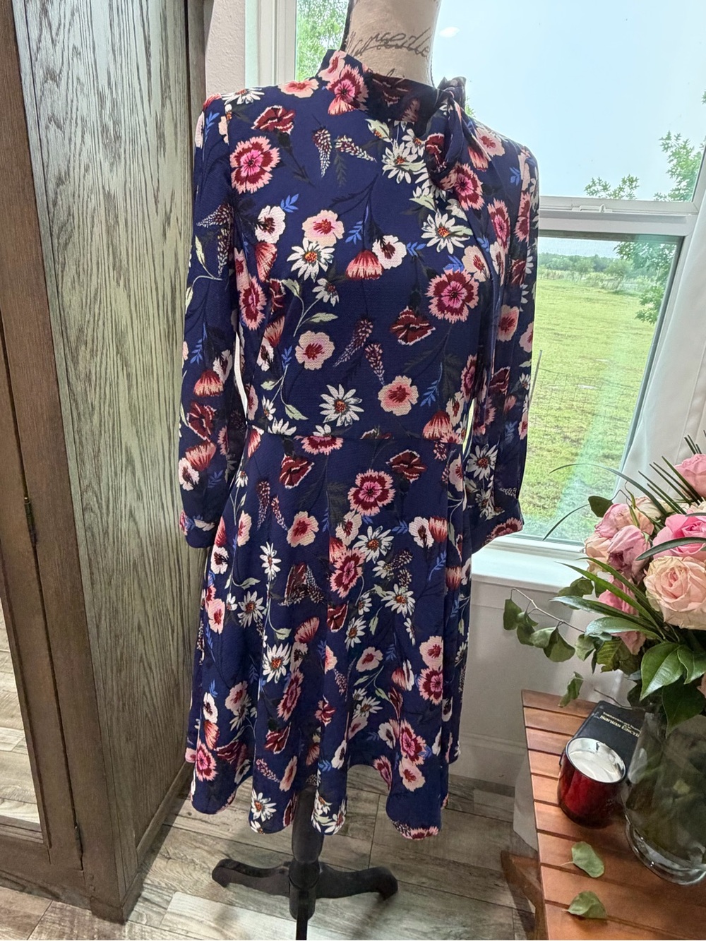 Eliza J Navy Floral Long-Sleeve Tie-Detail Dress